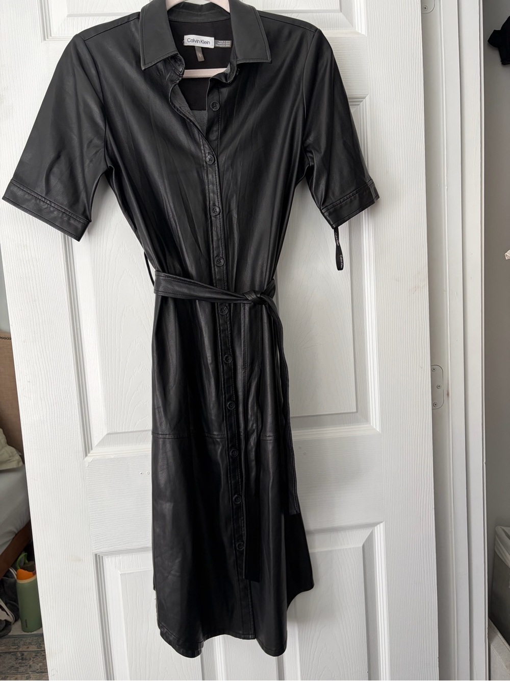 Calvin Klein Black Faux Leather Midi Dress with Belt